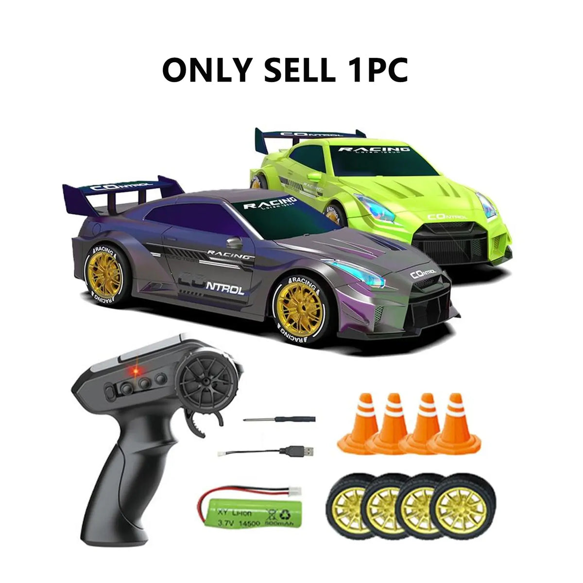 High-Speed Remote Control Drift Car with LED Underbody Lights, 2.4G Anti-Interference, Includes Spare Tire & Road Cones, Boy Birthday Gift, Rc Drift Car, Remote Controlled Car, Rc Cars