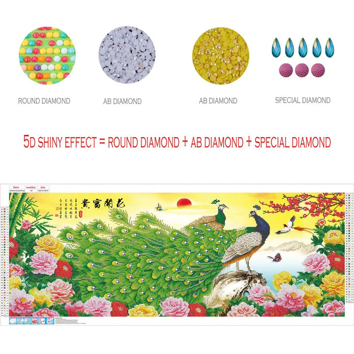 Chinese Style 5D Large AB Diamond Painting Kit for Adults, Peacock & Peony Mosaic, Waterproof Decorative DIY Needlework, 1X Diamond Tray, 39.37X15.7In Home & Office Decor, Peony Flowers