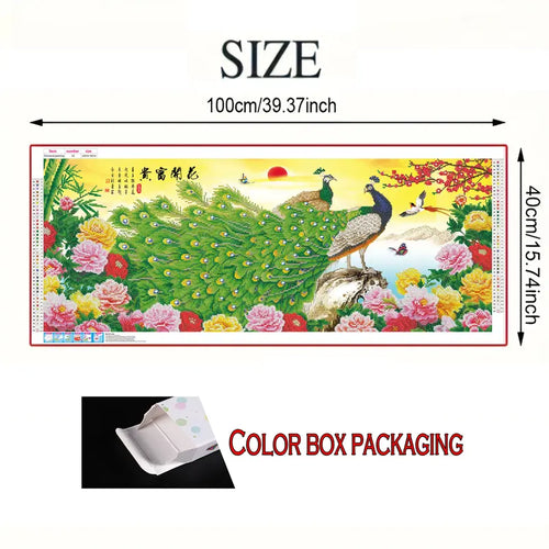 Chinese Style 5D Large AB Diamond Painting Kit for Adults, Peacock & Peony Mosaic, Waterproof Decorative DIY Needlework, 1X Diamond Tray, 39.37X15.7In Home & Office Decor, Peony Flowers