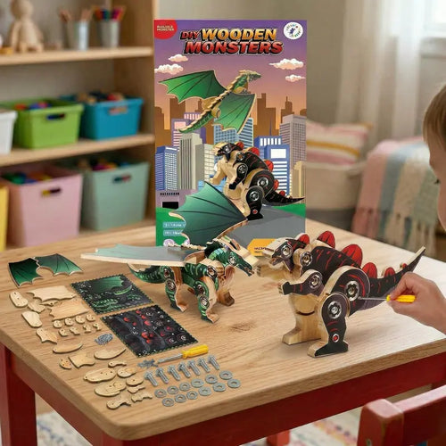Wooden Craft Kit for Kids: Monster & Dinosaur Series - STEM Woodworking Activity with Stickers