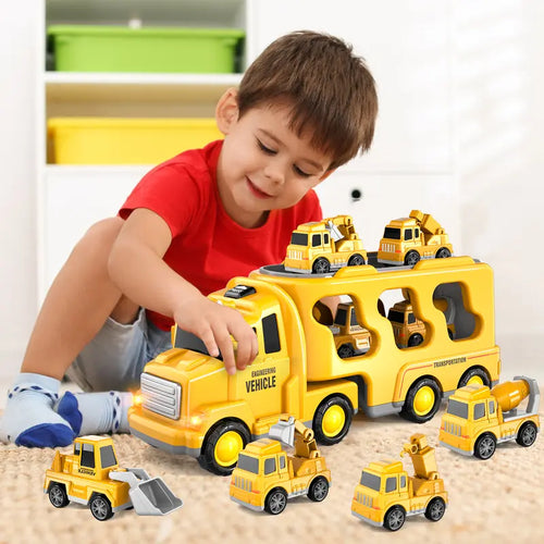 Kids 5-In-1 Engineering Toy Car - Forward-Driving Rescue Vehicle with Vivid Lights,Cheerful Music,Educational Montessori Early Learning Playset for 3-6 Year Old Boys and Girls,Wonderful Birthday Holiday Present for Children