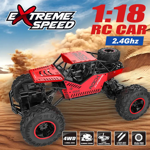 1:18 Scale 4WD RC Car - Metal Shell, Dual Motors, 2.4Ghz, Soft All Terrain Rubber Tires, High Speed, 120 Min Playtime, Durable Frame, Batteries, Multi-Mode Remote-Controlled Monster Truck, Kids Toys, Cool Boy Gifts