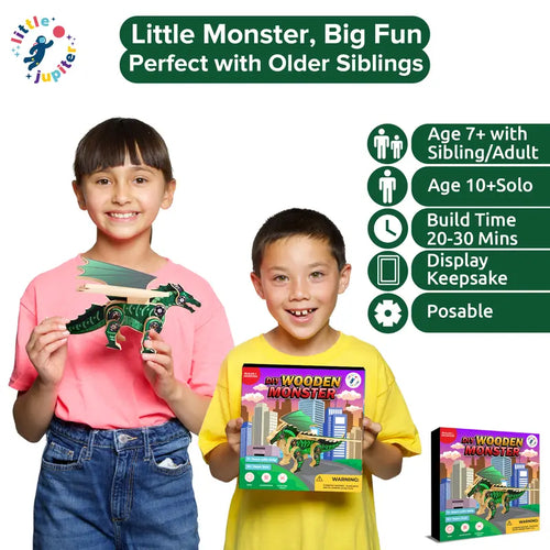 Wooden Craft Kit for Kids: Monster & Dinosaur Series - STEM Woodworking Activity with Stickers