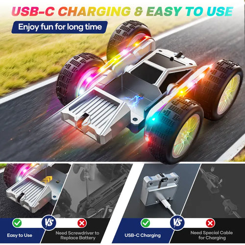 Remote Control Double Car 360° Flips RC Stunt Car with USB-C Charge Modular Battery 4WD LED Lights All Terrain RC Truck Toys for Kids 3+ Boys Girls Halloween Christmas Birthday Gift