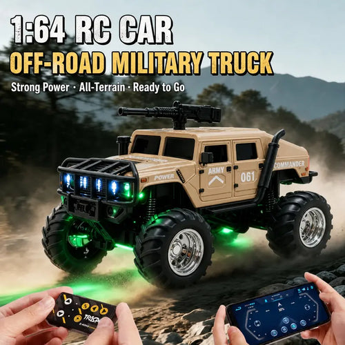 1:64 Alloy Military Tactical Radio-Controlled Off-Road Pickup with Trailer, 2.4Ghz Remote & App Control, USB-C Rechargeable, Big Wheel RC Car with LED Lights, RC Hobby Toy,Perfect Birthday Christmas Gift for Kids, Audlt & Collectors Remote Control Crawler