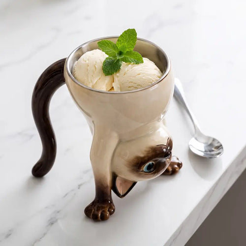 Cute Siamese Cat Mug, 3D Upside down Cat Coffee Cup, Funny Animal Drinkware Gift for Cat Lovers, Birthday Gift for Women & Girls