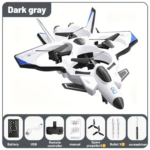 Unisex Futuristic Look VTOL RC Fighter Jet Drone - Remote Operated, 4-Motor Turbofan, Military Missile Launcher, 360° Flip Stunt, Crash-Resist Foam, HD Camera, LED Lights, Interactive Features, High-Density Pvc-Free, Aviation Fans' Gift