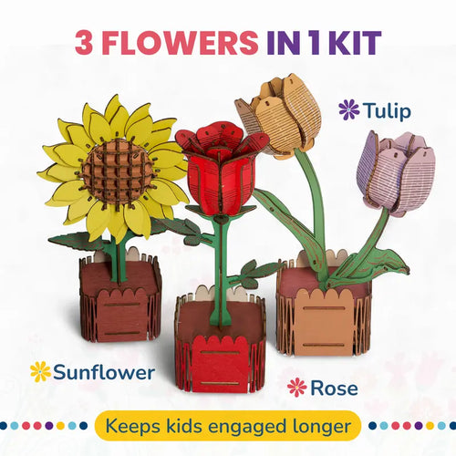 3-in-1 DIY 3D Floral Art Wooden Puzzles for Children Aged 8-12 - Featuring Rose, Tulip, and Sunflower Designs