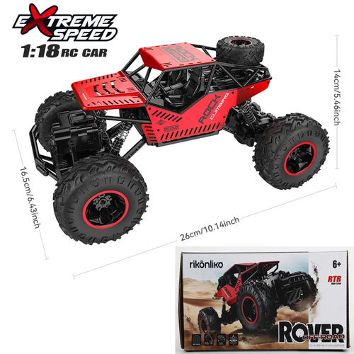 1:18 Scale 4WD RC Car - Metal Shell, Dual Motors, 2.4Ghz, Soft All Terrain Rubber Tires, High Speed, 120 Min Playtime, Durable Frame, Batteries, Multi-Mode Remote-Controlled Monster Truck, Kids Toys, Cool Boy Gifts
