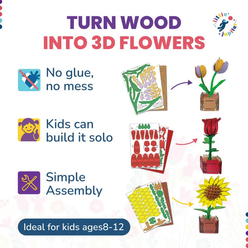 3-in-1 DIY 3D Floral Art Wooden Puzzles for Children Aged 8-12 - Featuring Rose, Tulip, and Sunflower Designs
