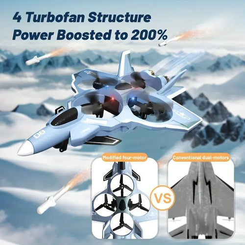 Unisex Futuristic Look VTOL RC Fighter Jet Drone - Remote Operated, 4-Motor Turbofan, Military Missile Launcher, 360° Flip Stunt, Crash-Resist Foam, HD Camera, LED Lights, Interactive Features, High-Density Pvc-Free, Aviation Fans' Gift