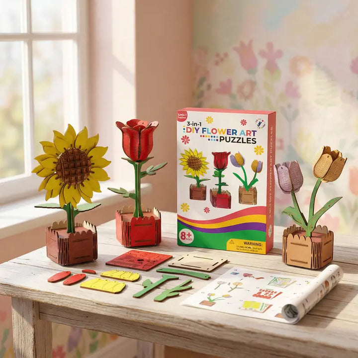 3-in-1 DIY 3D Floral Art Wooden Puzzles for Children Aged 8-12 - Featuring Rose, Tulip, and Sunflower Designs