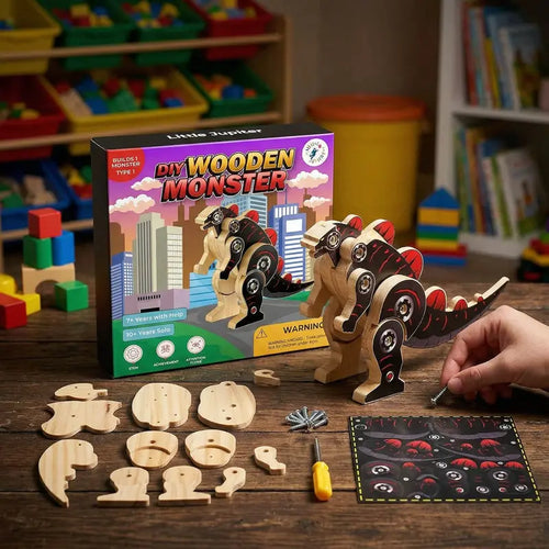 Wooden Craft Kit for Kids: Monster & Dinosaur Series - STEM Woodworking Activity with Stickers
