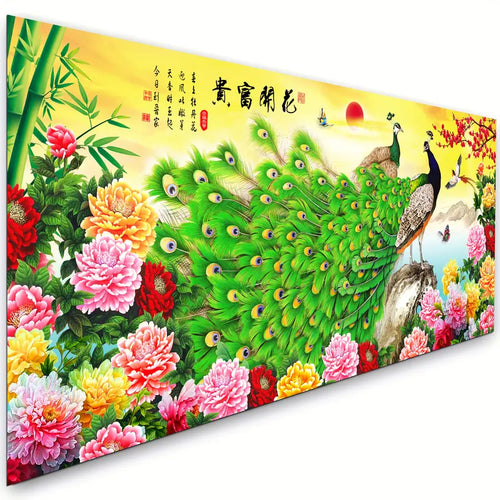 Chinese Style 5D Large AB Diamond Painting Kit for Adults, Peacock & Peony Mosaic, Waterproof Decorative DIY Needlework, 1X Diamond Tray, 39.37X15.7In Home & Office Decor, Peony Flowers