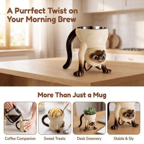 Cute Siamese Cat Mug, 3D Upside down Cat Coffee Cup, Funny Animal Drinkware Gift for Cat Lovers, Birthday Gift for Women & Girls