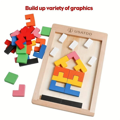 Wooden Puzzles Blocks Brain Teasers Toy, Tangram Colorful Jigsaw Game Montessori Intelligence STEM Preschool Educational Gift for Kids