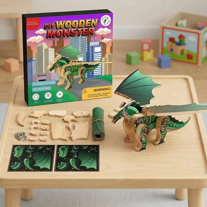 Wooden Craft Kit for Kids: Monster & Dinosaur Series - STEM Woodworking Activity with Stickers