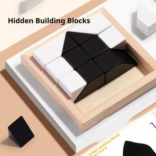 Hidden Blocks Brain Builder Wooden Puzzle - Family-Favorite STEM Toy for All Ages, Builds 3D Thinking, Develops Logic/Problem Solving, Safe Water-Based Beech Wood, Geometric Black-And-White Blocks, Shape Recognition Puzzles, Focused Educational Gift