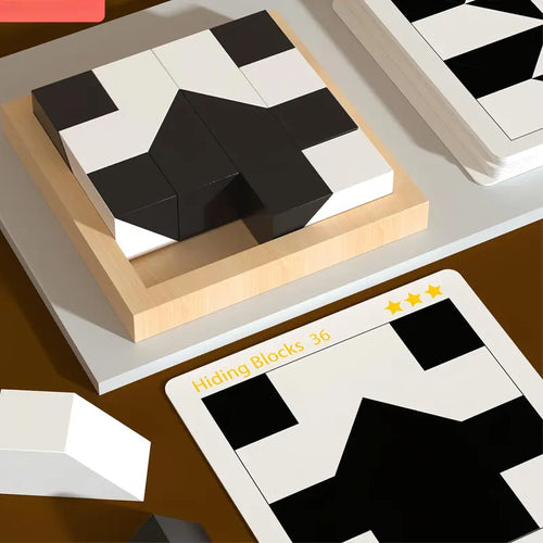 Hidden Blocks Brain Builder Wooden Puzzle - Family-Favorite STEM Toy for All Ages, Builds 3D Thinking, Develops Logic/Problem Solving, Safe Water-Based Beech Wood, Geometric Black-And-White Blocks, Shape Recognition Puzzles, Focused Educational Gift