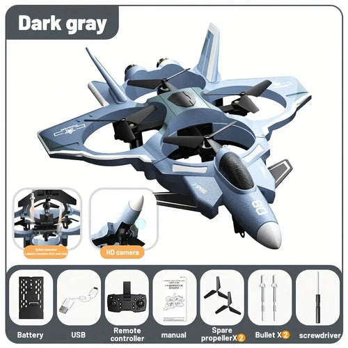 Unisex Futuristic Look VTOL RC Fighter Jet Drone - Remote Operated, 4-Motor Turbofan, Military Missile Launcher, 360° Flip Stunt, Crash-Resist Foam, HD Camera, LED Lights, Interactive Features, High-Density Pvc-Free, Aviation Fans' Gift