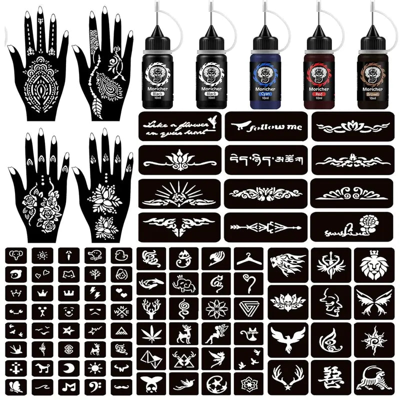 Professional Temporary Tattoo Kit: Henna Art Set with 5 Inks and 96 Cosmetic-Grade Stencils for DIY Projects, Ideal for Parties and Gifts for All Ages