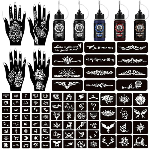 Professional Temporary Tattoo Kit: Henna Art Set with 5 Inks and 96 Cosmetic-Grade Stencils for DIY Projects, Ideal for Parties and Gifts for All Ages