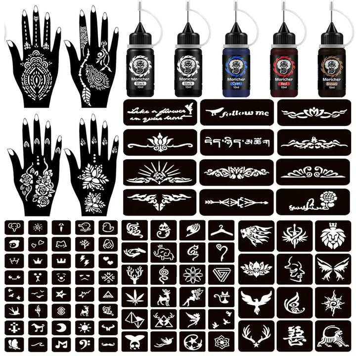 Professional Temporary Tattoo Kit: Henna Art Set with 5 Inks and 96 Cosmetic-Grade Stencils for DIY Projects, Ideal for Parties and Gifts for All Ages
