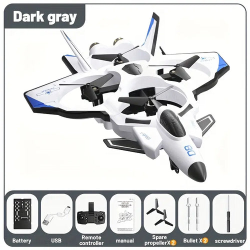 Unisex Futuristic Look VTOL RC Fighter Jet Drone - Remote Operated, 4-Motor Turbofan, Military Missile Launcher, 360° Flip Stunt, Crash-Resist Foam, HD Camera, LED Lights, Interactive Features, High-Density Pvc-Free, Aviation Fans' Gift