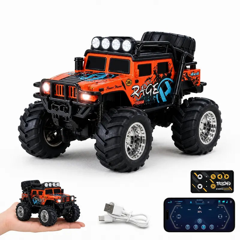 1/64 Mini RC Monster Truck - All-Terrain Metal Off-Road Pickup with Trailer, Remote + App Control, USB Recharge, Built-In Li-Ion Batteries, Off-Road Drive, Indoor or Outdoor Use, RC Model Car, Perfect Birthday Christmas Gift for Kids, Adults& Collectors R