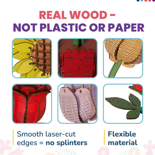 3-in-1 DIY 3D Floral Art Wooden Puzzles for Children Aged 8-12 - Featuring Rose, Tulip, and Sunflower Designs