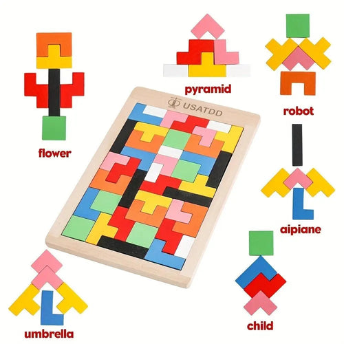 Wooden Puzzles Blocks Brain Teasers Toy, Tangram Colorful Jigsaw Game Montessori Intelligence STEM Preschool Educational Gift for Kids