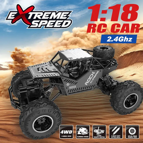 1:18 Scale 4WD RC Car - Metal Shell, Dual Motors, 2.4Ghz, Soft All Terrain Rubber Tires, High Speed, 120 Min Playtime, Durable Frame, Batteries, Multi-Mode Remote-Controlled Monster Truck, Kids Toys, Cool Boy Gifts