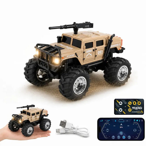 1:64 Alloy Military Tactical Radio-Controlled Off-Road Pickup with Trailer, 2.4Ghz Remote & App Control, USB-C Rechargeable, Big Wheel RC Car with LED Lights, RC Hobby Toy,Perfect Birthday Christmas Gift for Kids, Audlt & Collectors Remote Control Crawler