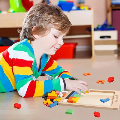 Wooden Puzzles Blocks Brain Teasers Toy, Tangram Colorful Jigsaw Game Montessori Intelligence STEM Preschool Educational Gift for Kids