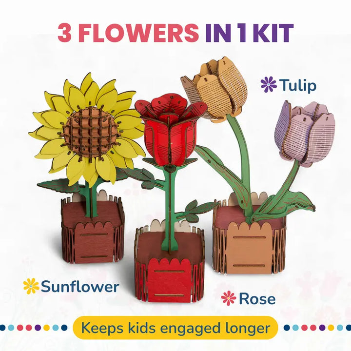 3-in-1 DIY 3D Floral Art Wooden Puzzles for Children Aged 8-12 - Featuring Rose, Tulip, and Sunflower Designs