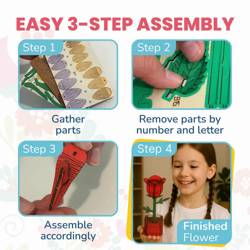 3-in-1 DIY 3D Floral Art Wooden Puzzles for Children Aged 8-12 - Featuring Rose, Tulip, and Sunflower Designs
