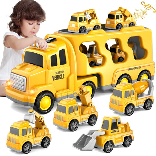 Kids 5-In-1 Engineering Toy Car - Forward-Driving Rescue Vehicle with Vivid Lights,Cheerful Music,Educational Montessori Early Learning Playset for 3-6 Year Old Boys and Girls,Wonderful Birthday Holiday Present for Children