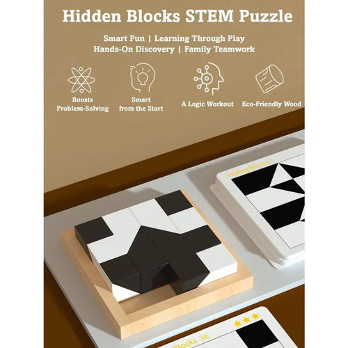Hidden Blocks Brain Builder Wooden Puzzle - Family-Favorite STEM Toy for All Ages, Builds 3D Thinking, Develops Logic/Problem Solving, Safe Water-Based Beech Wood, Geometric Black-And-White Blocks, Shape Recognition Puzzles, Focused Educational Gift