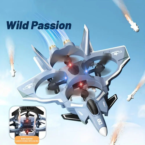 Unisex Futuristic Look VTOL RC Fighter Jet Drone - Remote Operated, 4-Motor Turbofan, Military Missile Launcher, 360° Flip Stunt, Crash-Resist Foam, HD Camera, LED Lights, Interactive Features, High-Density Pvc-Free, Aviation Fans' Gift