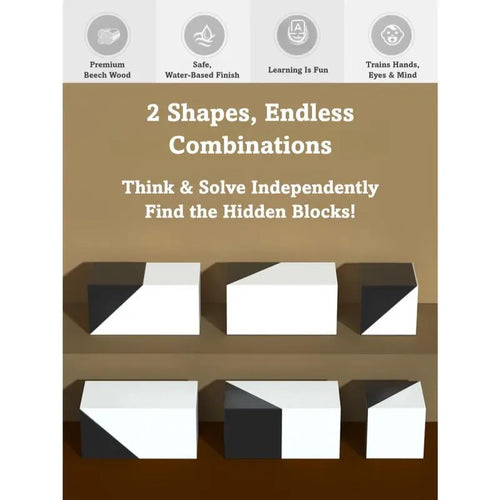Hidden Blocks Brain Builder Wooden Puzzle - Family-Favorite STEM Toy for All Ages, Builds 3D Thinking, Develops Logic/Problem Solving, Safe Water-Based Beech Wood, Geometric Black-And-White Blocks, Shape Recognition Puzzles, Focused Educational Gift