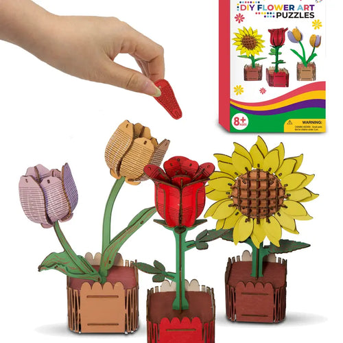 3-in-1 DIY 3D Floral Art Wooden Puzzles for Children Aged 8-12 - Featuring Rose, Tulip, and Sunflower Designs