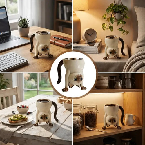 Cute Siamese Cat Mug, 3D Upside down Cat Coffee Cup, Funny Animal Drinkware Gift for Cat Lovers, Birthday Gift for Women & Girls