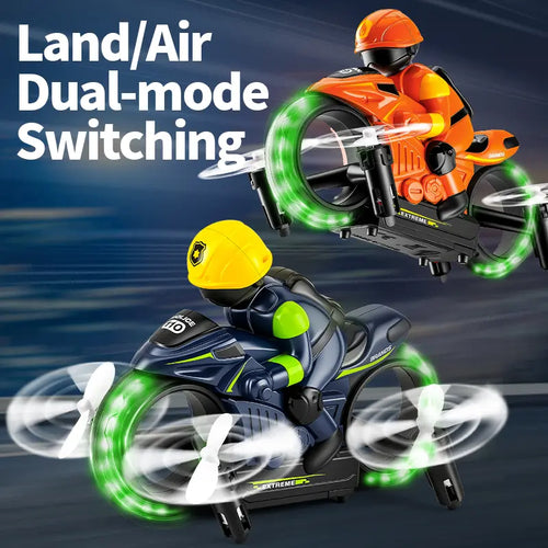2-In-1 RC Flying Motorcycle Drone - Remote Control, 360° Flying Stunts, LED Lights, 2 Batteries, Land/Air Dual Mode, Easy for Kids, Electric Hobby Toy, with Batteries