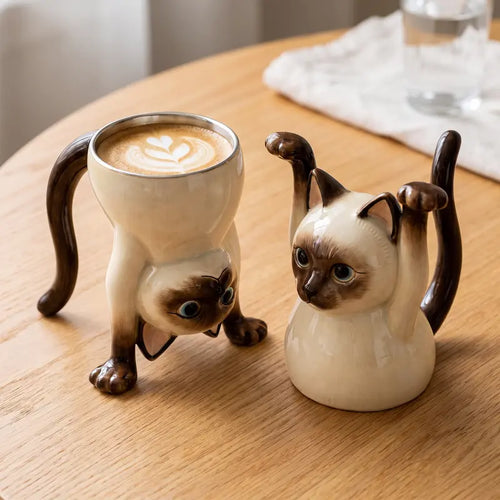 Cute Siamese Cat Mug, 3D Upside down Cat Coffee Cup, Funny Animal Drinkware Gift for Cat Lovers, Birthday Gift for Women & Girls