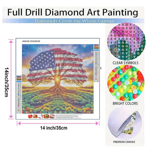 Diamond Painting Kits for Adults,Tree of Life Diamond Painting Kit,American Flag round Diamond Dots for Beginner,Gem Painting,Diy Art and Crafts,Home Wall Decor 14X14 Inch