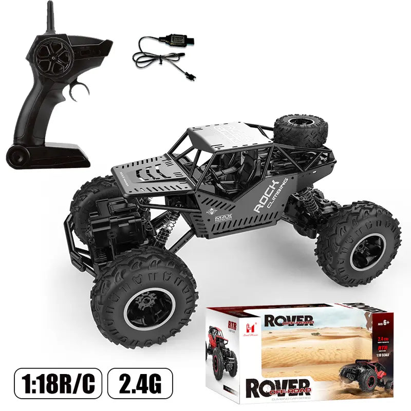 1:18 Scale 4WD RC Car - Metal Shell, Dual Motors, 2.4Ghz, Soft All Terrain Rubber Tires, High Speed, 120 Min Playtime, Durable Frame, Batteries, Multi-Mode Remote-Controlled Monster Truck, Kids Toys, Cool Boy Gifts