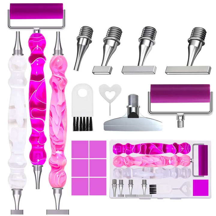 ZYNYXY 17PCS Ergonomic Diamond Art Pen Kits - Durable Diamond Painting Tools, Multifunctional Stainless Steel Screw Pen with 1,3,6,9 Thin Steel Tips, Correction Placers, Roller Accessories (Purple, Pink, White + 5 Extra Secure Screw Tips), Durability