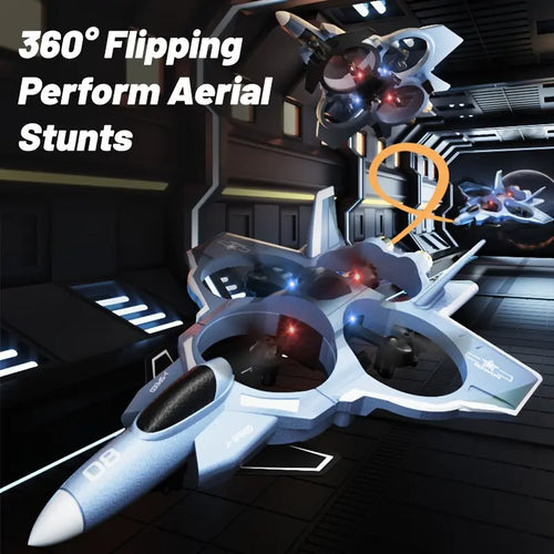 Unisex Futuristic Look VTOL RC Fighter Jet Drone - Remote Operated, 4-Motor Turbofan, Military Missile Launcher, 360° Flip Stunt, Crash-Resist Foam, HD Camera, LED Lights, Interactive Features, High-Density Pvc-Free, Aviation Fans' Gift